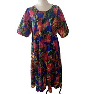 Farm Rio Anthropologie Midi Dress Size Large Banana Mix Tiered Pure Cotton New